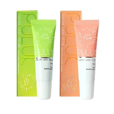 Dois tubos de produto para pestanas com caixas verde e rosa, texto TOXTOX LASH VOLUME e TOXTOX LASH VITAL.