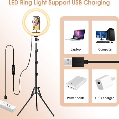 Anel de luz LED em tripé com suporte para telemóvel e cabo USB
