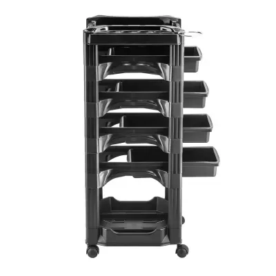 Carrinho organizador preto em plástico com rodas e várias gavetas