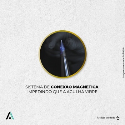 Ponta de agulha preta e azul destacada em círculo dourado sobre fundo branco com texto explicativo