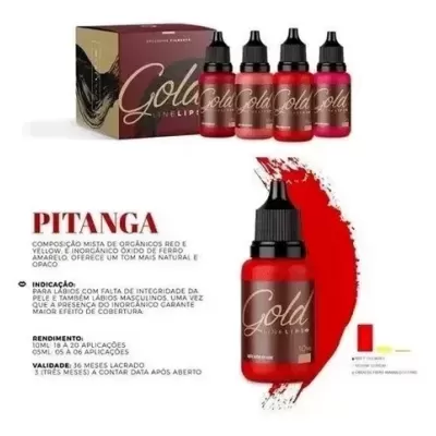 Frascos vermelhos de tinta para tatuagem labial Gold Linelips com embalagem e texto informativo