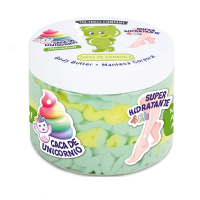 Creme corporal com embalagem decorada com unicórnio colorido e textos em português