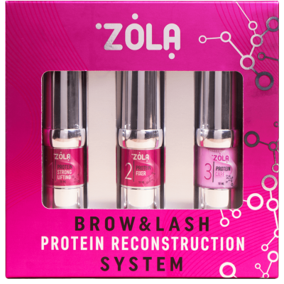 Kit Brow & Lash Protein Reconstruction System da Zola em embalagem rosa com três frascos metálicos.