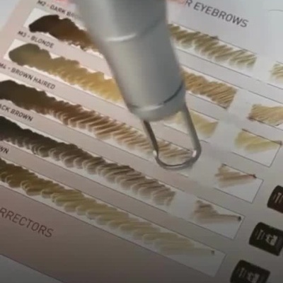 Dispositivo removendo minerais de pigmentos para sobrancelhas num cartaz