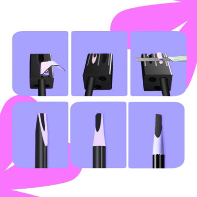 Apontador manual de lápis preto com detalhes da lâmina sob fundo lilás