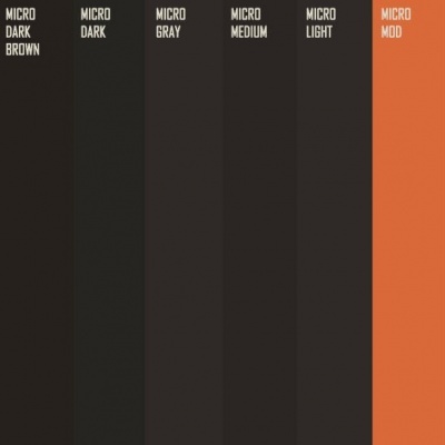 Paleta de cores com seis tons rotulados em faixas verticais, do castanho escuro ao laranja.