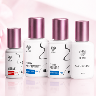 Frascos brancos com tampa rosa da marca LOVELY para cuidado de pestanas