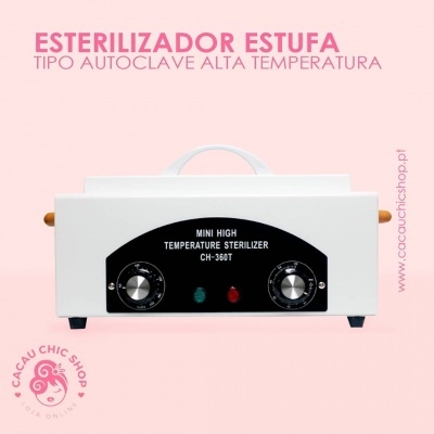 Esterilizador estufa tipo autoclave branco com painel preto e botões frontais