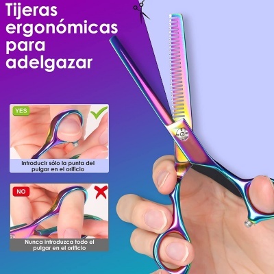 Tesouras ergonómicas multicoloridas em mão com instruções em texto espanhol