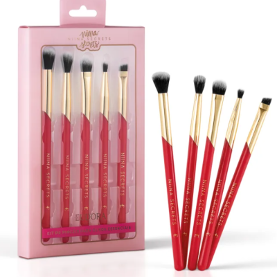 Conjunto de cinco pincéis de maquilhagem vermelhos e dourados em caixa rosa