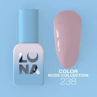Verniz de unhas azul claro com amostra rosa nude e texto da coleção