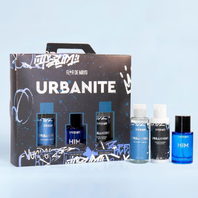 Pack de cosméticos URBANITE para homem com três frascos em azul e preto e caixa decorada