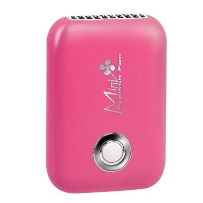 Ventoinha elétrica rosa para pestanas com botão prateado e texto Mini Eyelash Fan