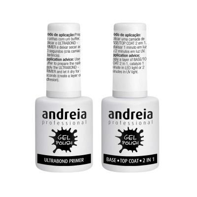 Frascos brancos de verniz gel Andreia com texto preto