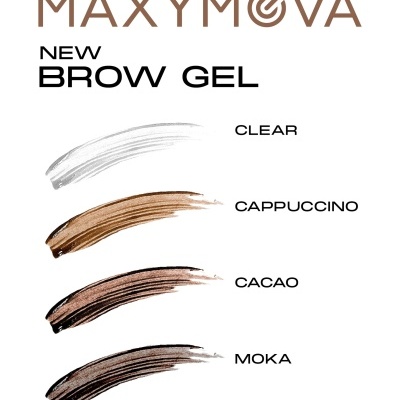 Carta de cores Maxymova Brow Gel: Clear transparente, Cappuccino castanho quente, Cacao castanho escuro frio e Moka preto