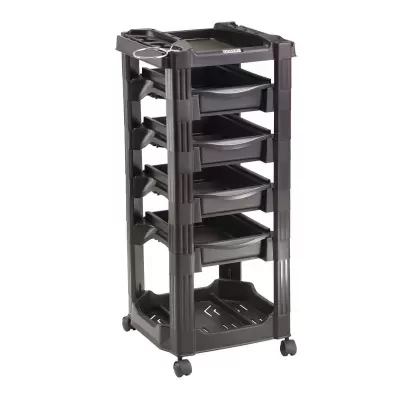 Carrinho organizador preto de plástico com cinco bandejas inclinadas