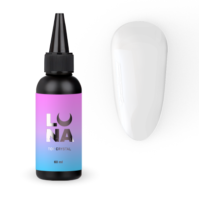 Frasco plástico preto com rótulo colorido e unha artificial branca