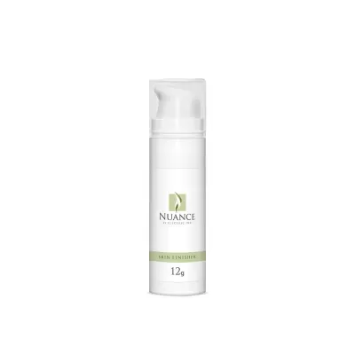 Frasco branco com tampa transparente rotulado NUANCE SKIN FINISHER 12g