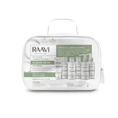 Kit facial Raavi Professional para limpeza de pele em embalagem transparente com alça branca.