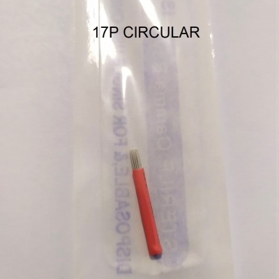 Acessório metálico com capa vermelha em embalagem plástica transparente com texto 17P CIRCULAR