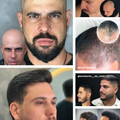 Homen mostrando vários estilos de cabelo masculino curto e barba em diferentes ângulos