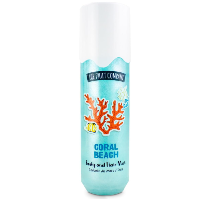 Frasco azul com coral e peixe, texto THE FRUIT COMPANY Coral Beach Body and Hair Mist