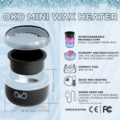 Aquecedor de cera OKO Mini Wax Heater preto e cinzento com tampa transparente e descrições técnicas em fundo azul