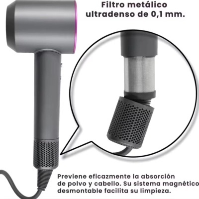 Secador de cabelo cinzento com filtro metálico ultradenso e sistema magnético desmontável