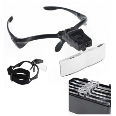 Lupas com armação preta, lentes retangulares transparentes e faixa elástica para fixação