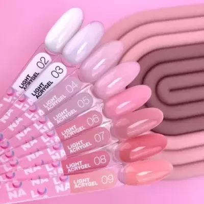 Mostruário de vernizes Light Acrygel em tons rosa e nude