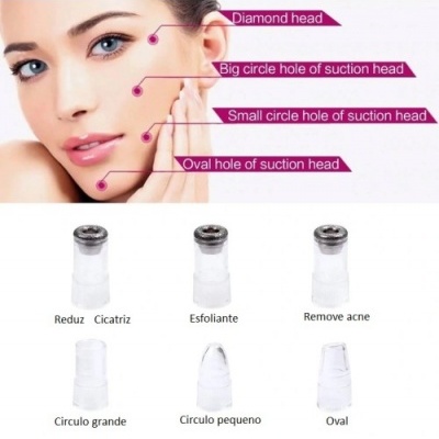 Cabeças de sucção para cuidados faciais com indicações em inglês e português