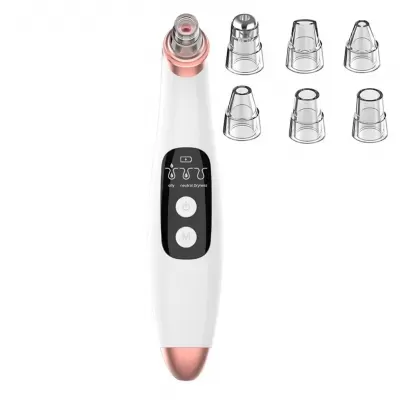 Dispositivo elétrico branco para limpeza de pele com ecrã e pontas intercambiáveis
