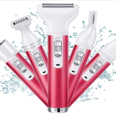 Conjunto de cinco aparadores elétricos rosa com diferentes cabeças para cuidados pessoais