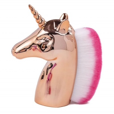 Pincel de maquilhagem formato unicórnio dourado com cerdas brancas e rosa
