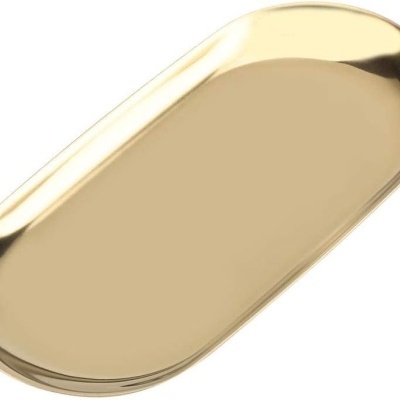 Tabuleiro metálico dourado oval com acabamento liso