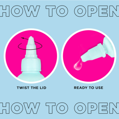 Instruções para abrir frasco com tampa giratória e gota saindo