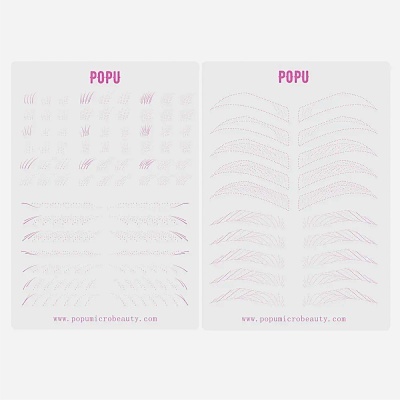 Cartões com desenhos de sobrancelhas e fios de cabelo para design com texto POPU e site www.popumicrobeauty.com