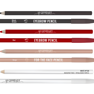 Cinco lápis cosméticos coloridos organizados em linha sobre fundo branco.