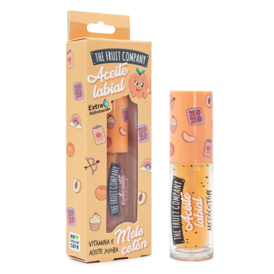 Óleo labial The Fruit Company com embalagem laranja decorada, óleo transparente com partículas douradas visíveis.