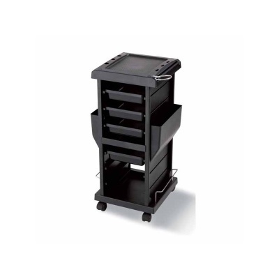 Carrinho organizador preto em plástico com gavetas e rodas