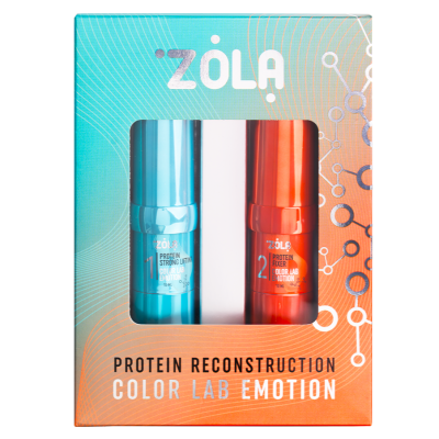 Embalagem de produto capilar Zola com dois frascos coloridos azul e vermelho.