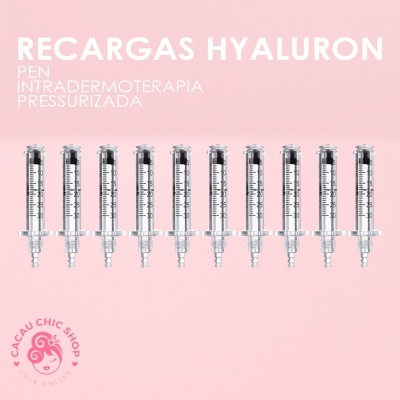 Dez seringas transparentes alinhadas sobre fundo rosa com texto promocional em branco