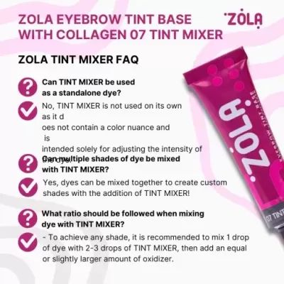 Tubo cor-de-rosa de ZOLA Eyebrow Tint Base with Collagen 07 Tint Mixer com texto FAQ em fundo branco e rosa