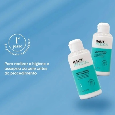 Dois frascos de HAUT MEDICAL Preparatório Antisséptico com fundo azul