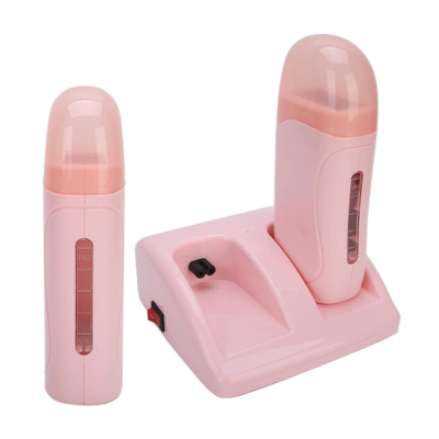 Base de carregamento com duas máquinas de cera rosas e tampas translúcidas.
