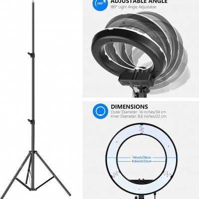 Tripé com luz LED circular ajustável e dimensões indicadas