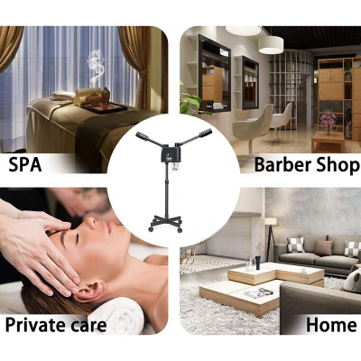 Montagem de ambientes variados com cadeira de massagem, cabeleireiro, massagem facial e sala de estar, com tripé de luz ao centro.