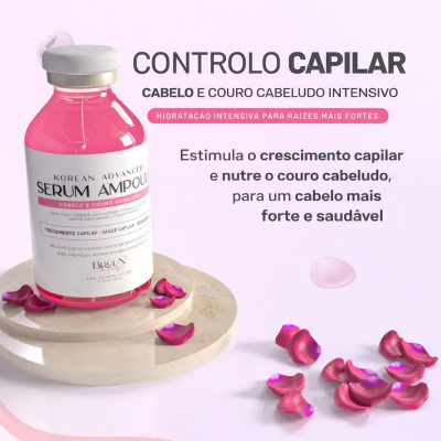 Ampola sérum capilar rosa com pétalas ao redor e texto explicativo sobre controlo capilar.
