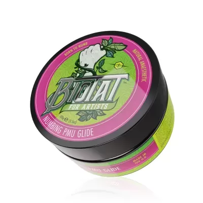 Frasco de creme anestésico Bio T para artistas com tampa preta e etiquetas rosa e verde