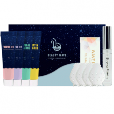 Kit de laminação de pestanas Beauty Wave com tubos coloridos, frasco Strong Fixer, discos de algodão e embalagem azul estrelada.